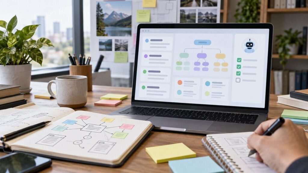 Portátil con propuestas visuales de titulares y un mapa de contenidos sobre un escritorio