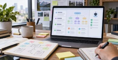 Portátil con propuestas visuales de titulares y un mapa de contenidos sobre un escritorio